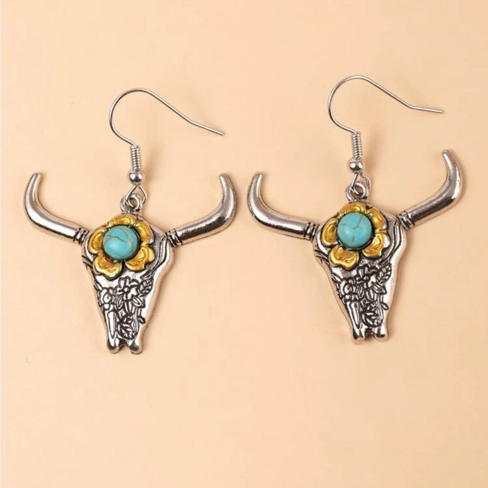 Bullhead Earrings, Turquoise, Antique Silver